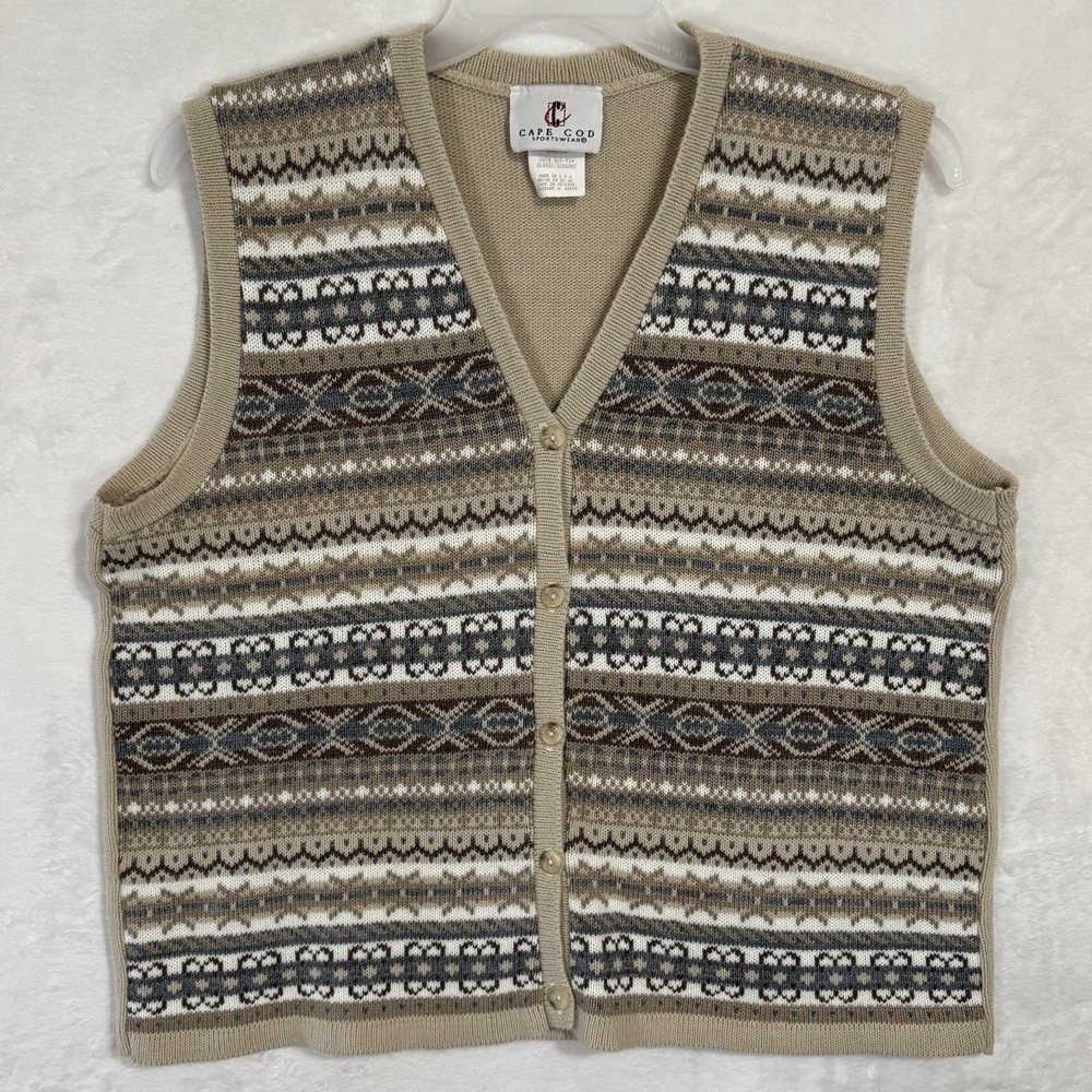 Vintage Cape Cod Fair Isle Sweater Vest Size XL Neutral‎ Grandpa Preppy USA 90s